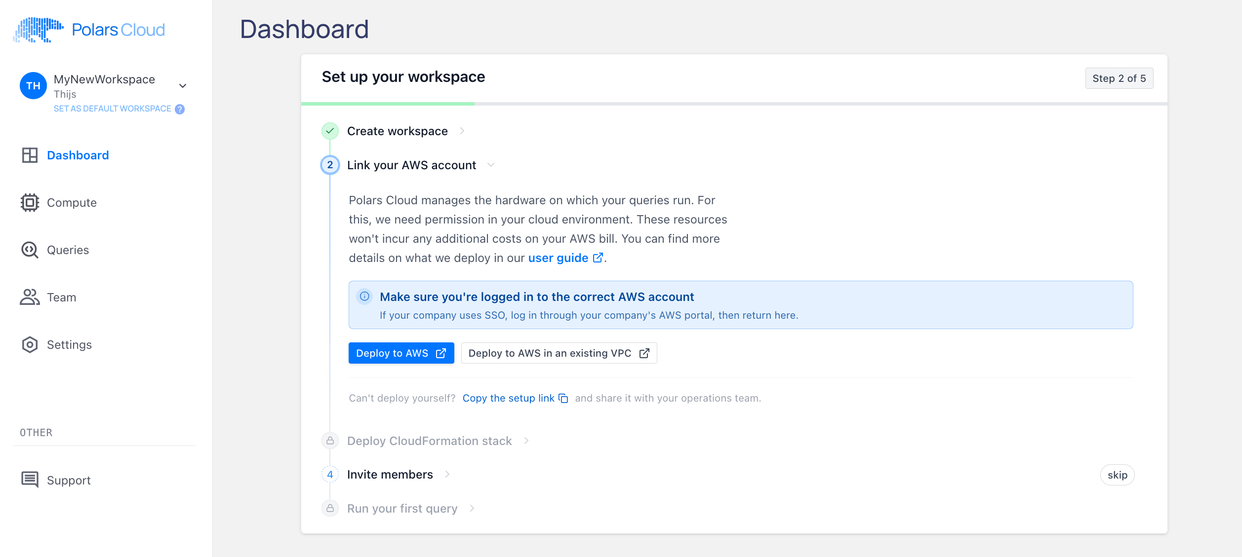 Dashboard showing the five-step workspace setup checklist