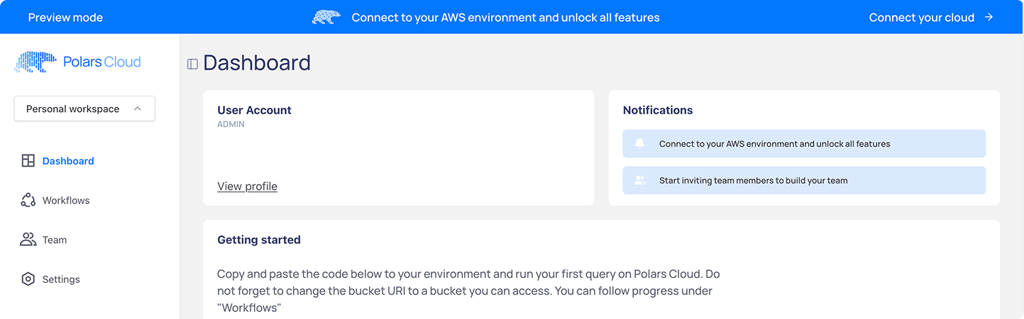 An overview of the Polars Cloud dashboard showing a button to connect your cloud environment