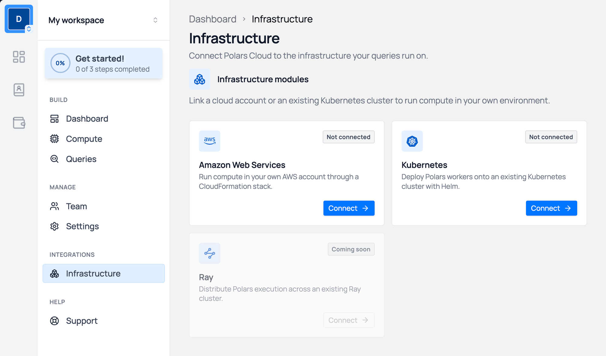 Infrastructure page listing Amazon Web Services, Kubernetes and Ray modules