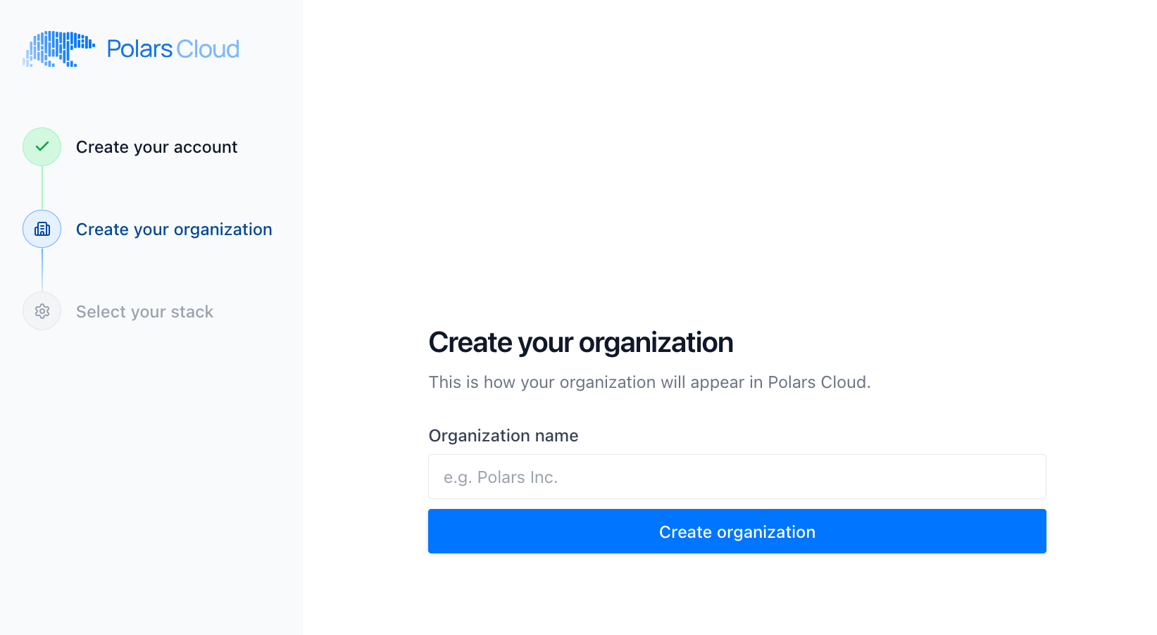 Create your organization step during the registration onboarding flow