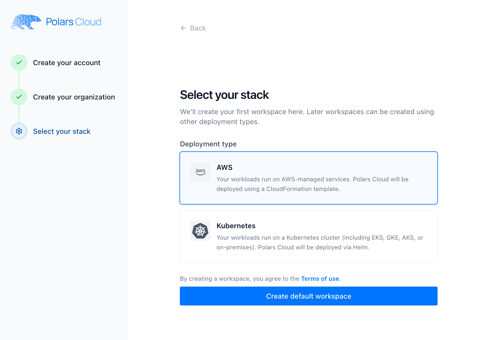 Select your stack screen showing AWS and Kubernetes deployment options
