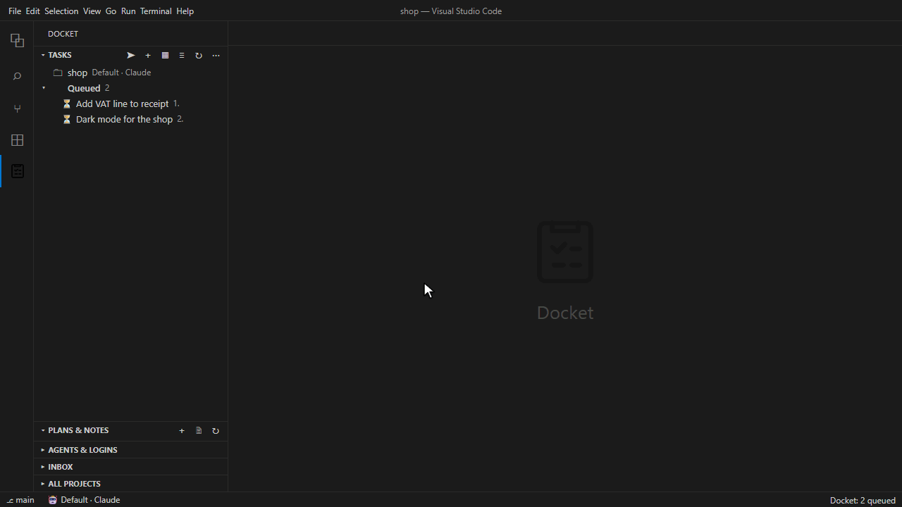 Docket in 30 seconds: a task with a screenshot, Start, the agent works the queue, asks a question, and reports back