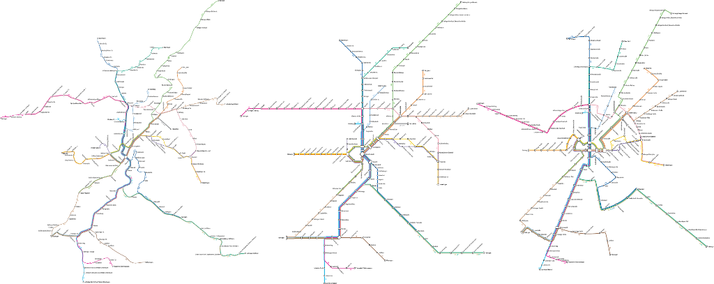 2015 Stuttgart light rail network maps generated from GTFS data, with optimal line orderings, geographically correct (left), octilinear (middle), and  orthoradial (right).