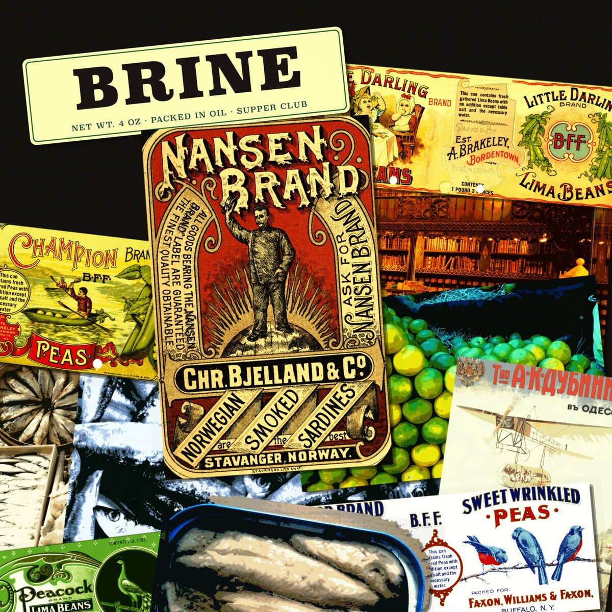 Brine — square cover art layering Norwegian sardine tin labels, lima bean can wrappers and market produce photography over black