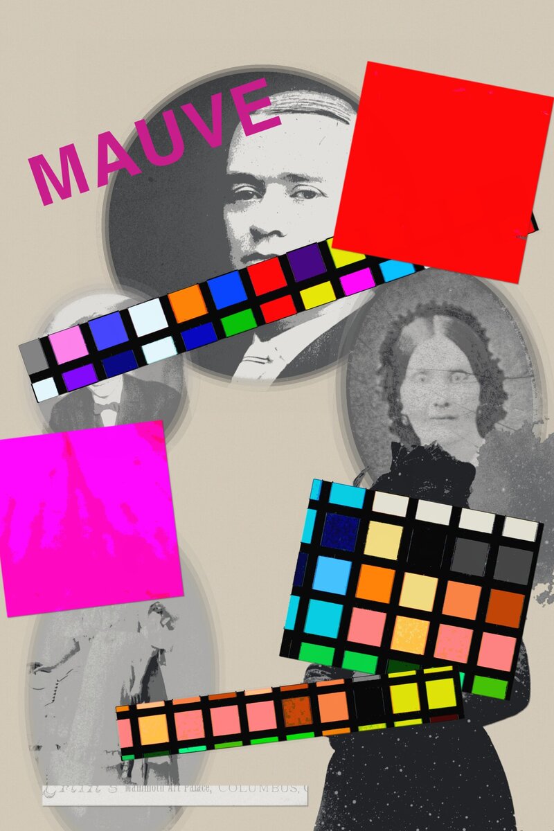 Mauve — a portrait poster of Victorian studio portraits in grey with hard-edged fluorescent magenta squares and colour calibration charts laid across them