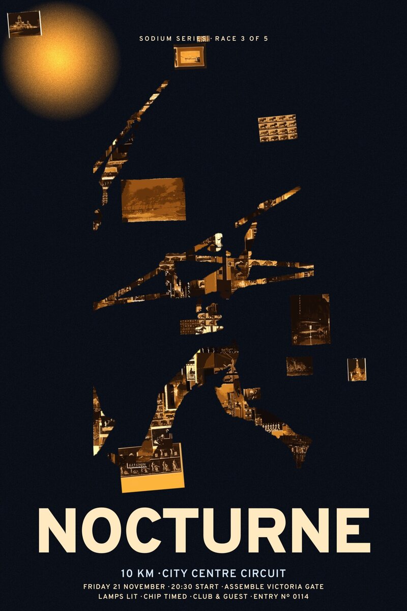 Sodium — a tall dark poster, a running figure's silhouette filled with sepia night photography under a sodium streetlamp glow, titled NOCTURNE