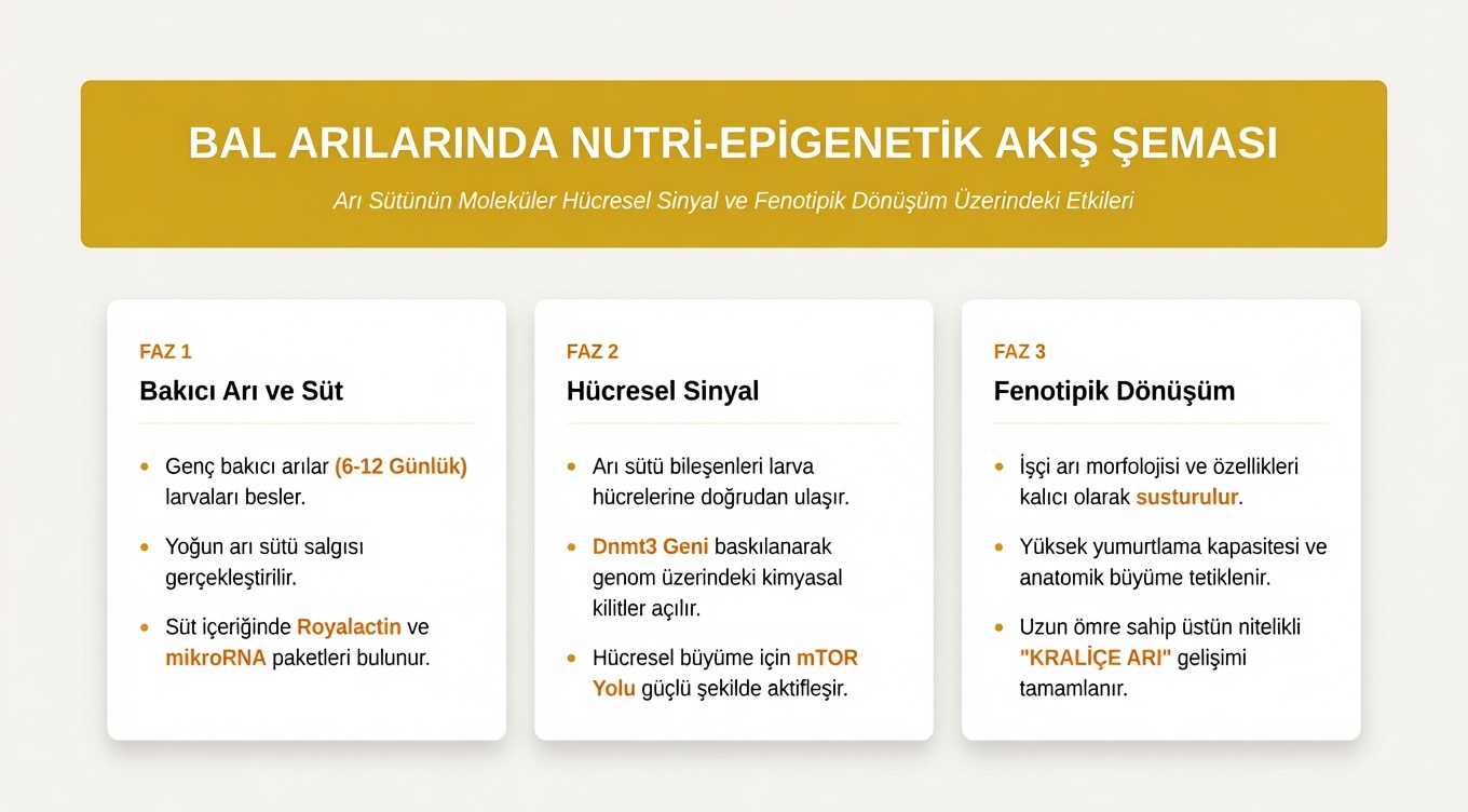 Bal arılarında nutri-epigenetik şeması, arı sütünün Royalactin proteini ve mikroRNA bileşenleri ile Dnmt3 genini baskılama mekanizması, kraliçe arı fenotipik dönüşüm simülasyonu.