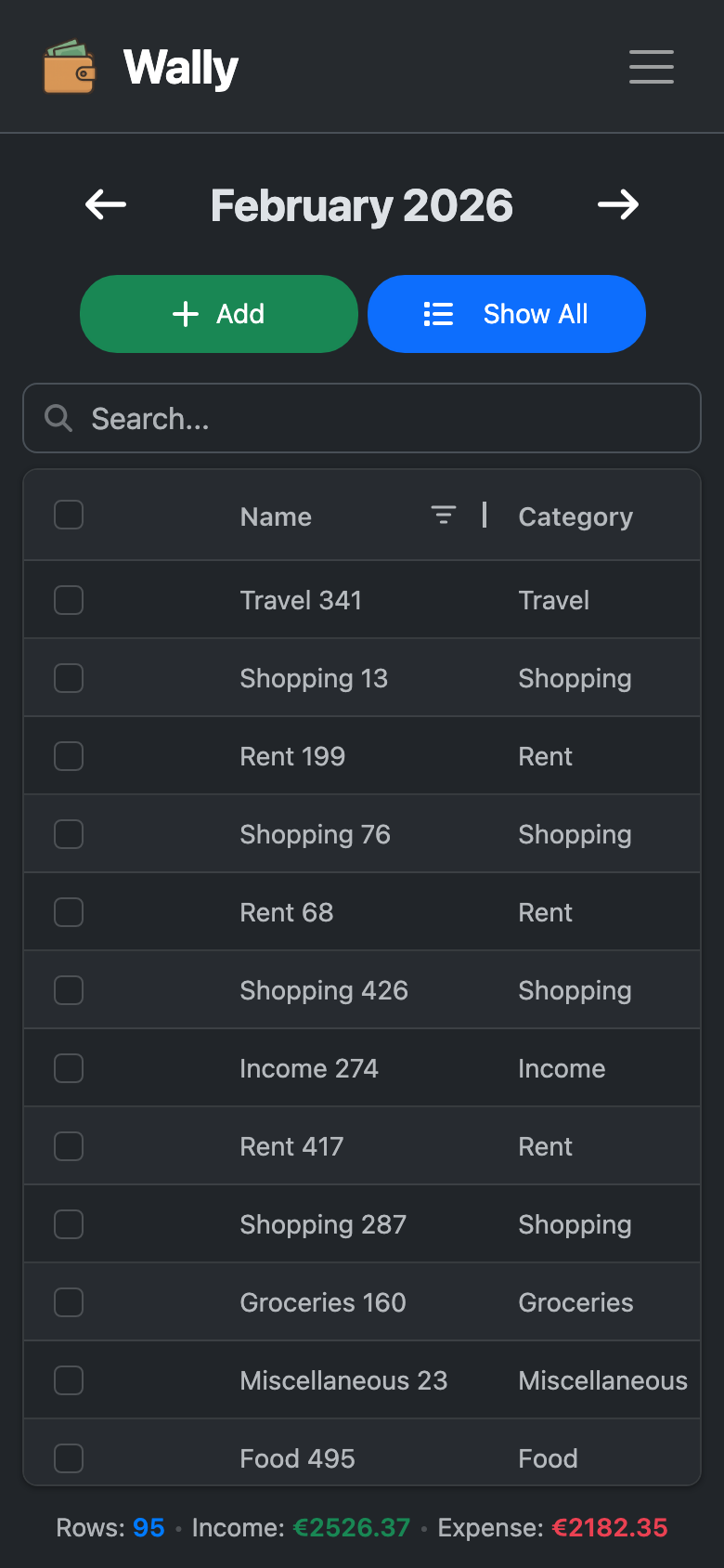 Transactions Dark Mobile
