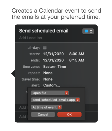 Create Calendar event to send scheduled emails