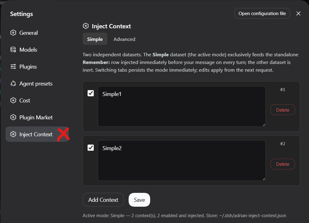 Inject Context settings