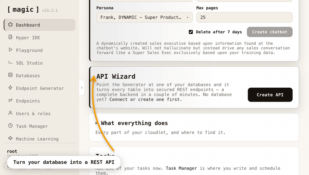 The API Wizard turning the chinook database into 54 secured REST endpoints, invoking one, and extending it with AI