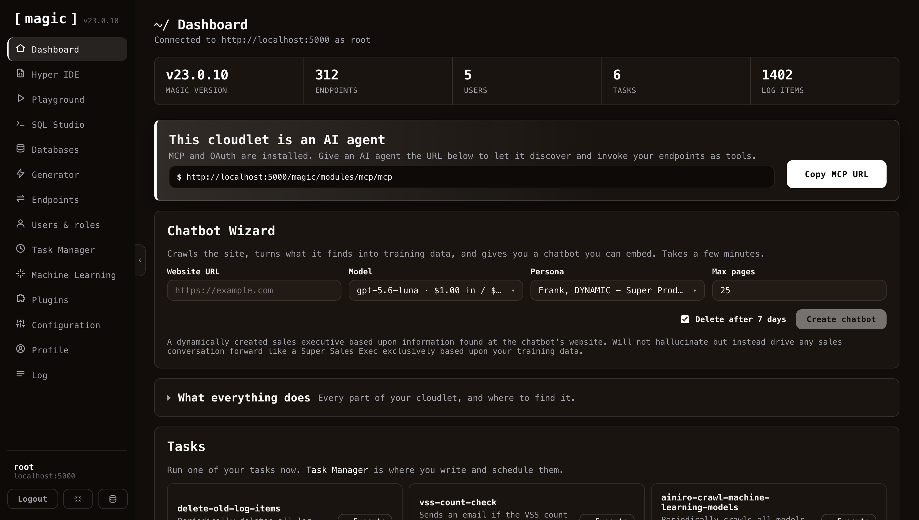 The Magic dashboard, showing the Chatbot Wizard and the cloudlet's MCP URL