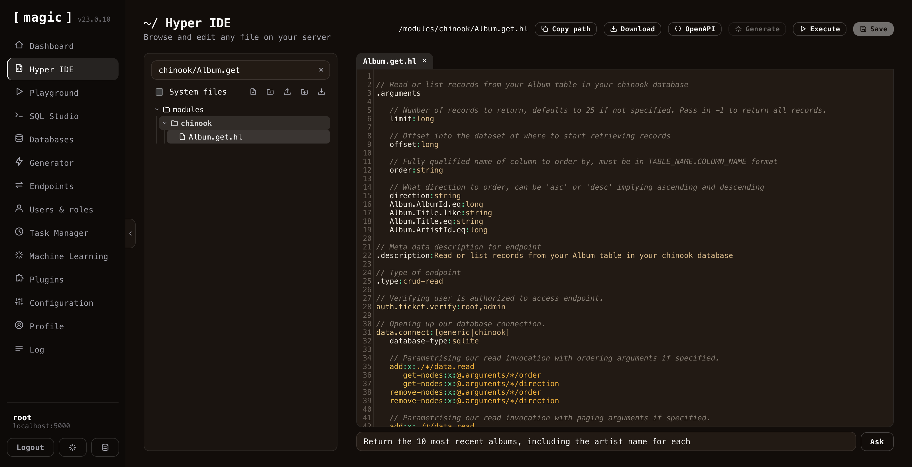 Hyper IDE, with the AI prompt bar below the code editor