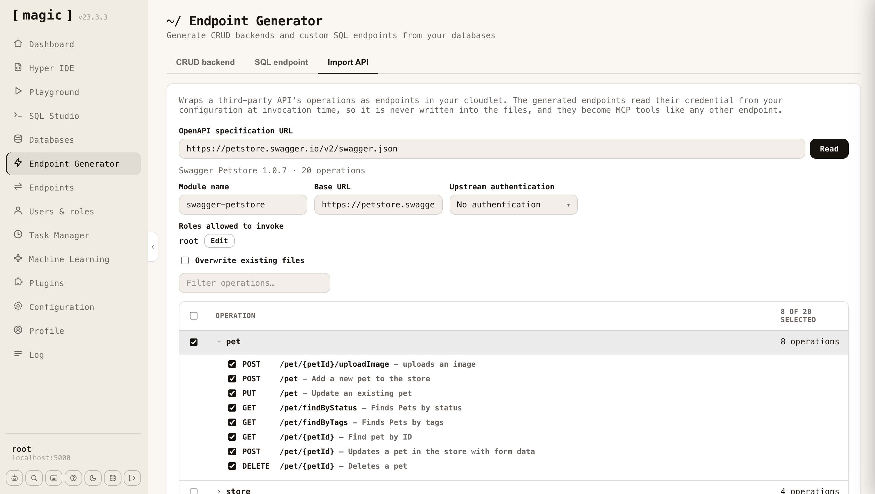 The Import API tab reading the Swagger Petstore specification and selecting which operations to wrap