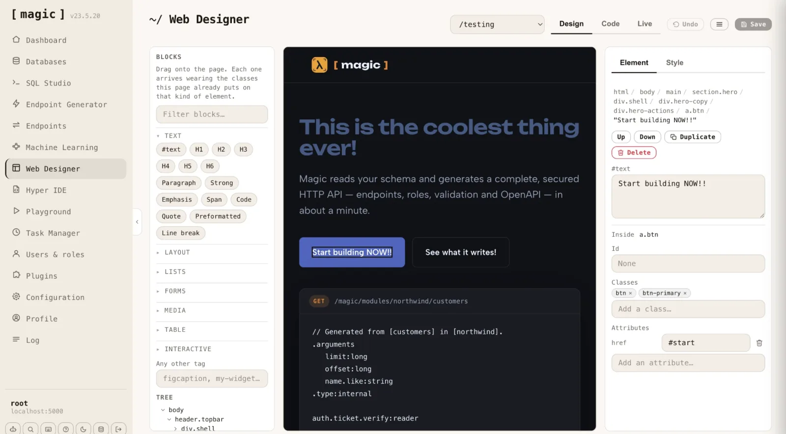 Web Designer editing a page — the block palette and DOM tree on the left, the live page in the middle, and the selected element's attributes on the right