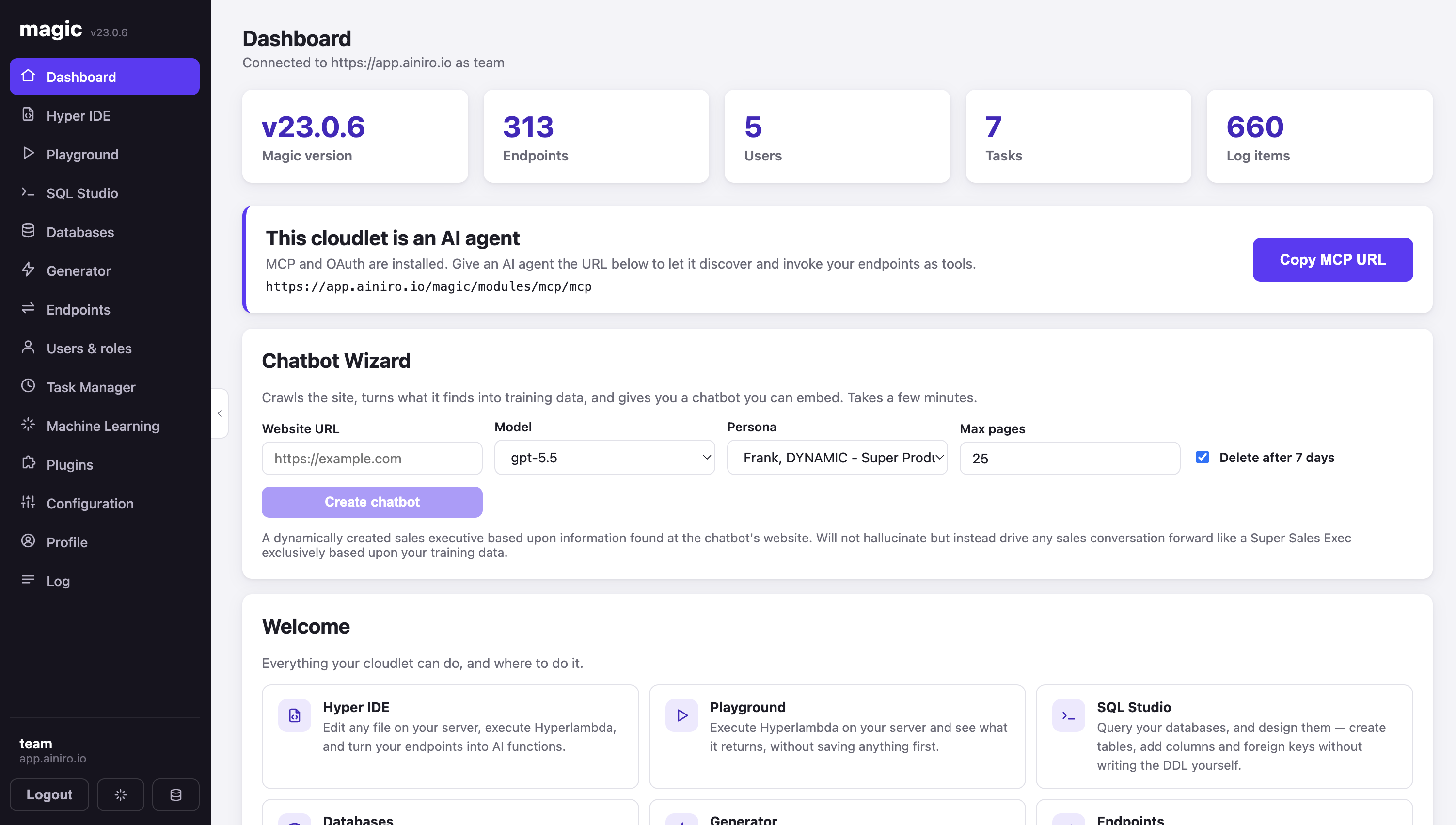 The Magic dashboard, showing the Chatbot Wizard and the cloudlet's MCP URL