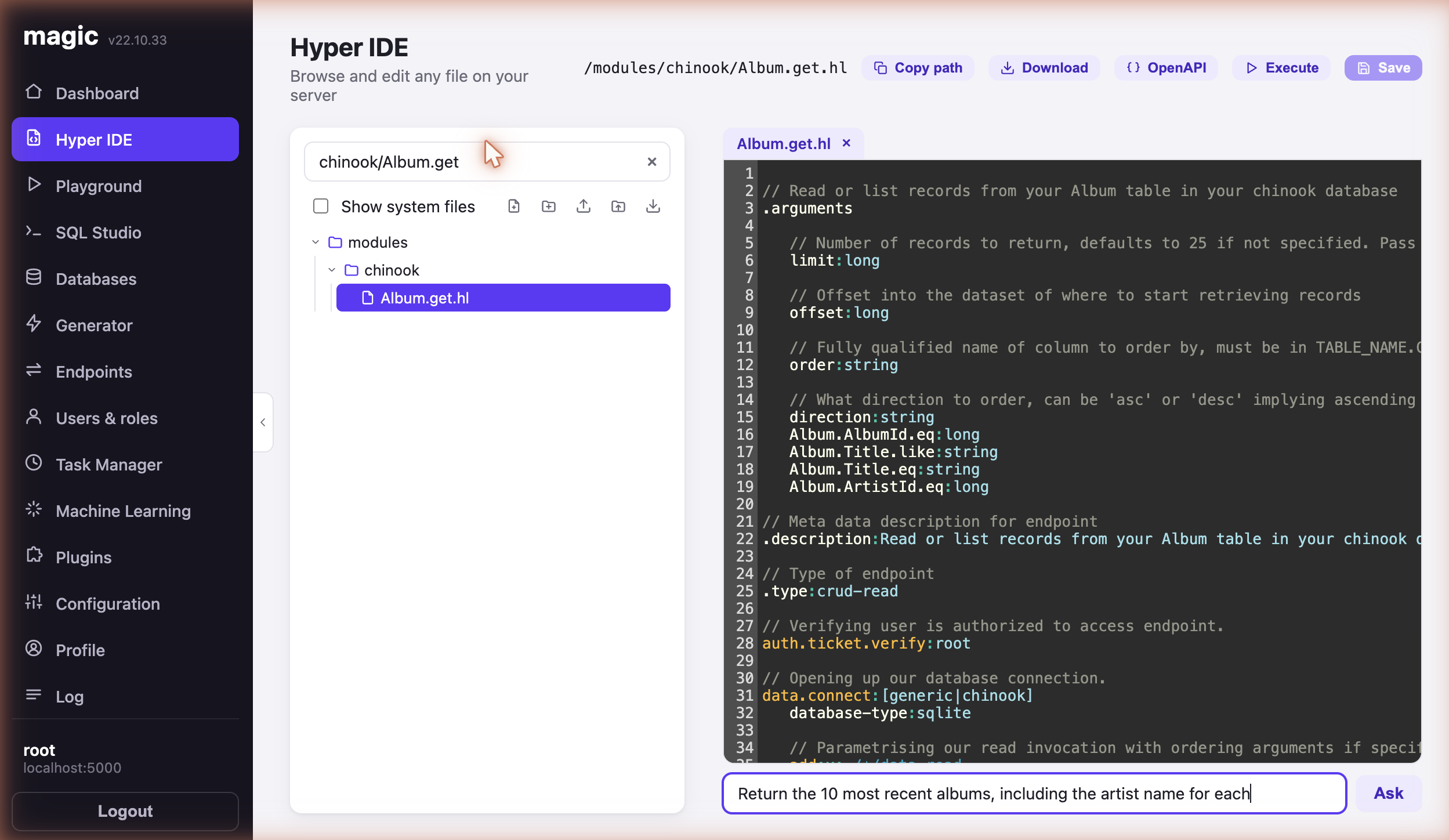 Hyper IDE, with the AI prompt bar below the code editor