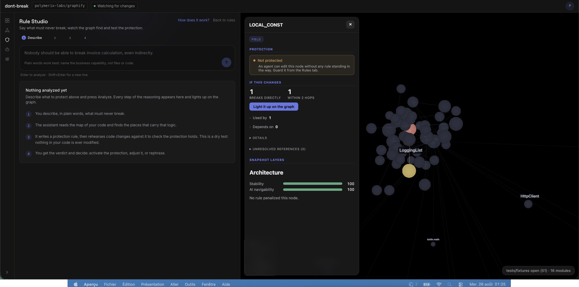 Rule Studio: describe what must never break, watch the graph find and test the protection