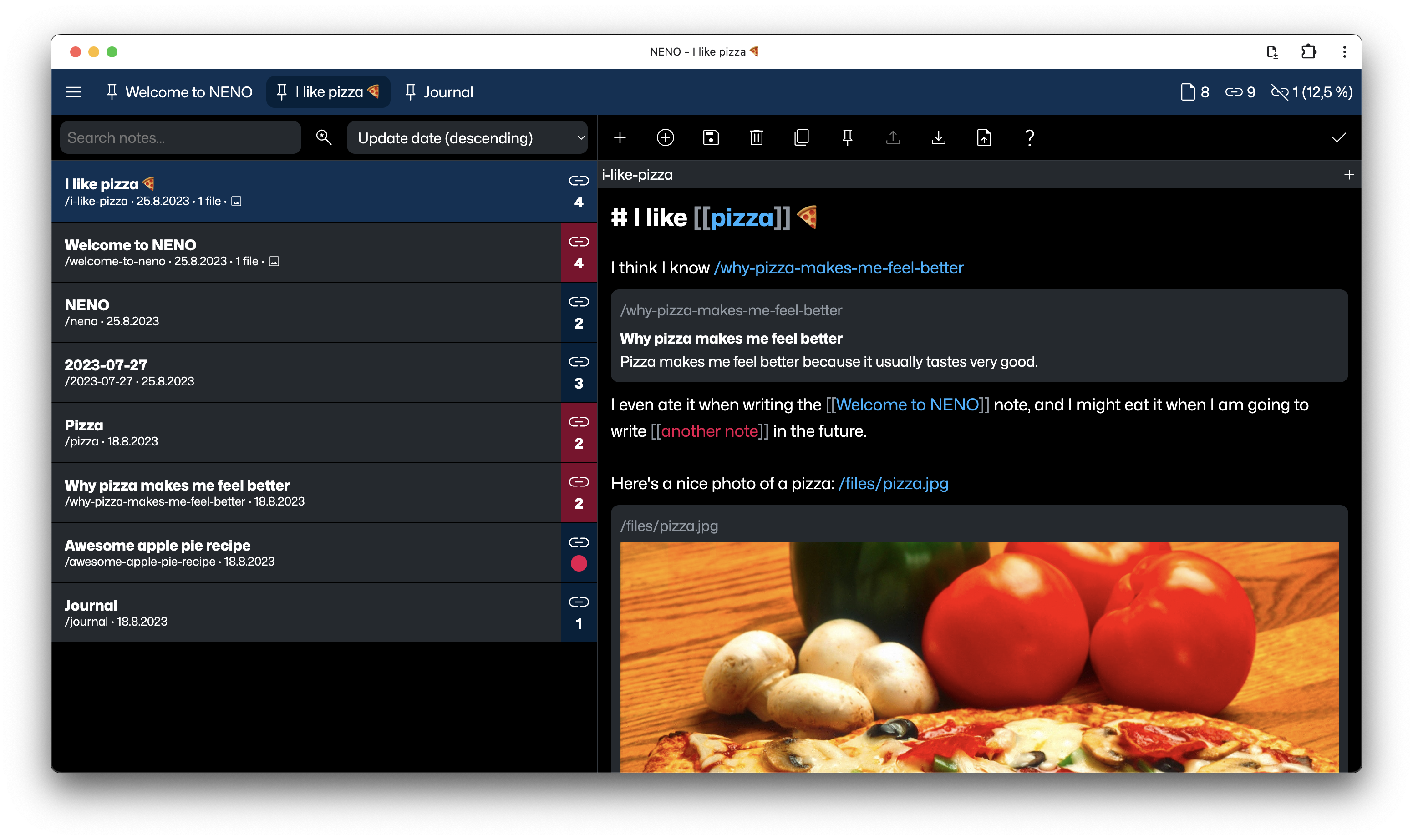 NENO Editor view in dark mode