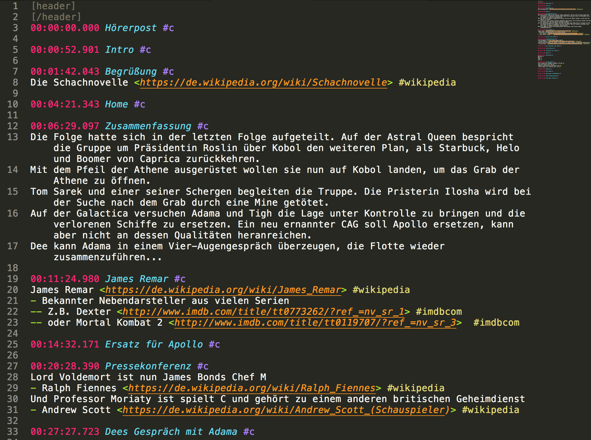 Example Open Shownotes File showing syntax highlighting.
