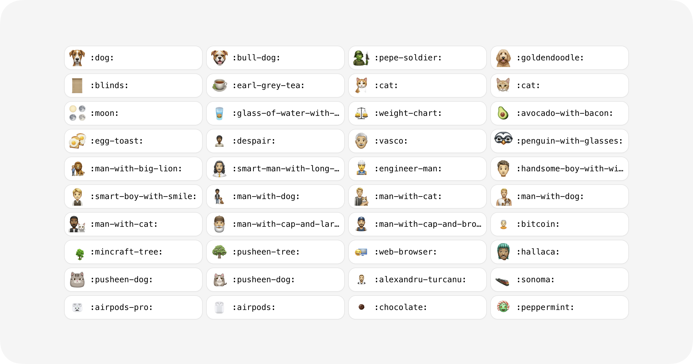 grid of ai generated emojis including pepe-soldier, goldendoodle, minecraft-tree, and pusheen-dog 