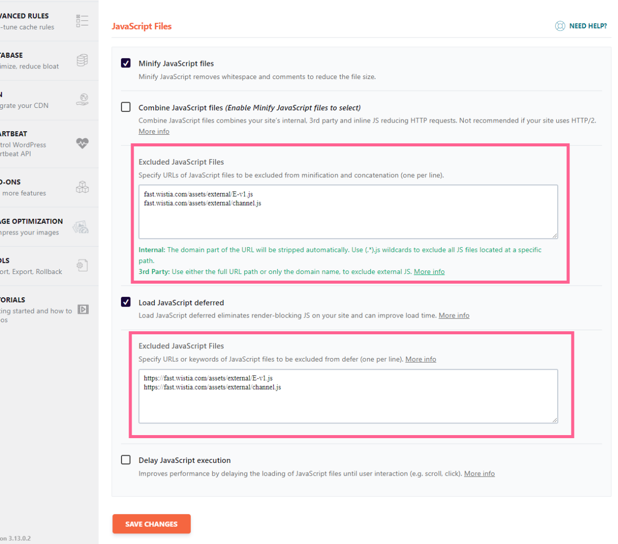 WP Rocket JavaScript Files exclusion settings