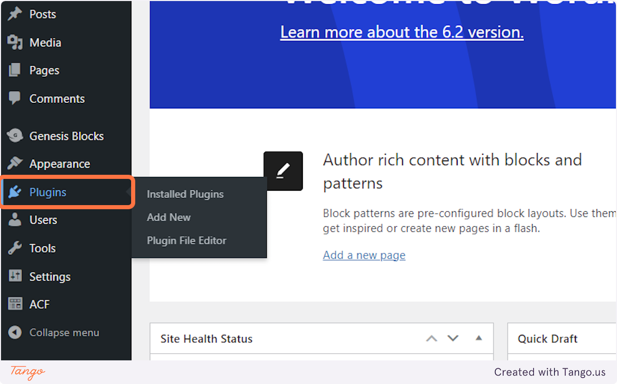 WP Admin Plugins page showing WP Rocket plugin