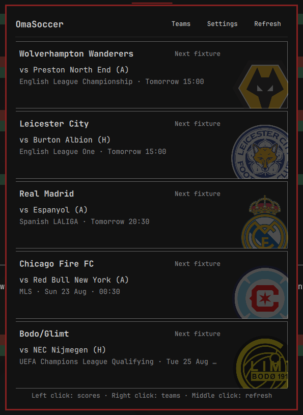 OmaSoccer fixture panel