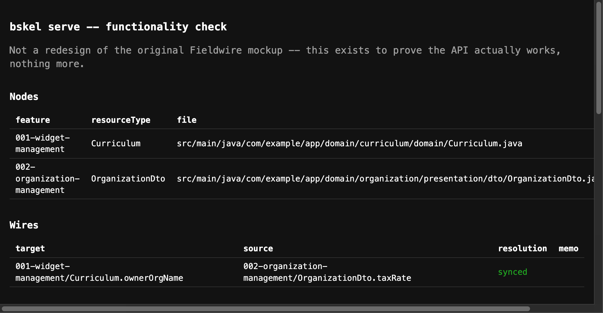 bskel serve's dependency-graph UI, showing a real declared field-to-field dependency resolved as synced