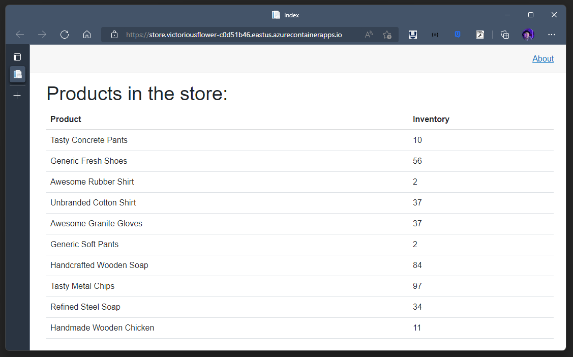 The product list, once the app is running.