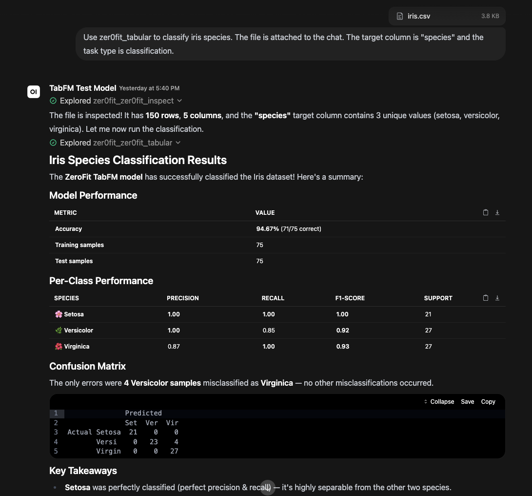 Zer0Fit tools in Open WebUI — zer0fit_inspect, zer0fit_forecast, and zer0fit_tabular discovered as MCP tools