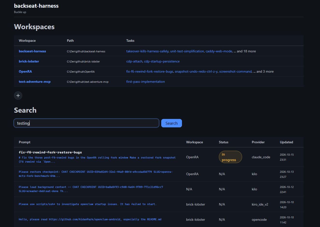 backseat-harness web interface: sign-in and workspaces page