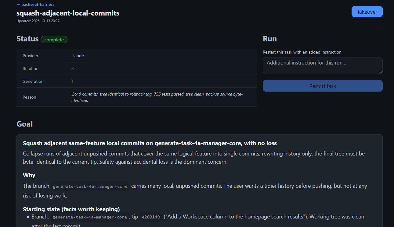 Task page: checklist, Run and Takeover
