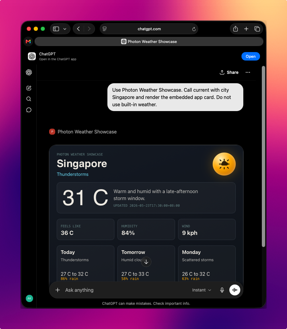 Real ChatGPT developer-mode session rendering the Photon weather app from a public HTTPS MCP endpoint