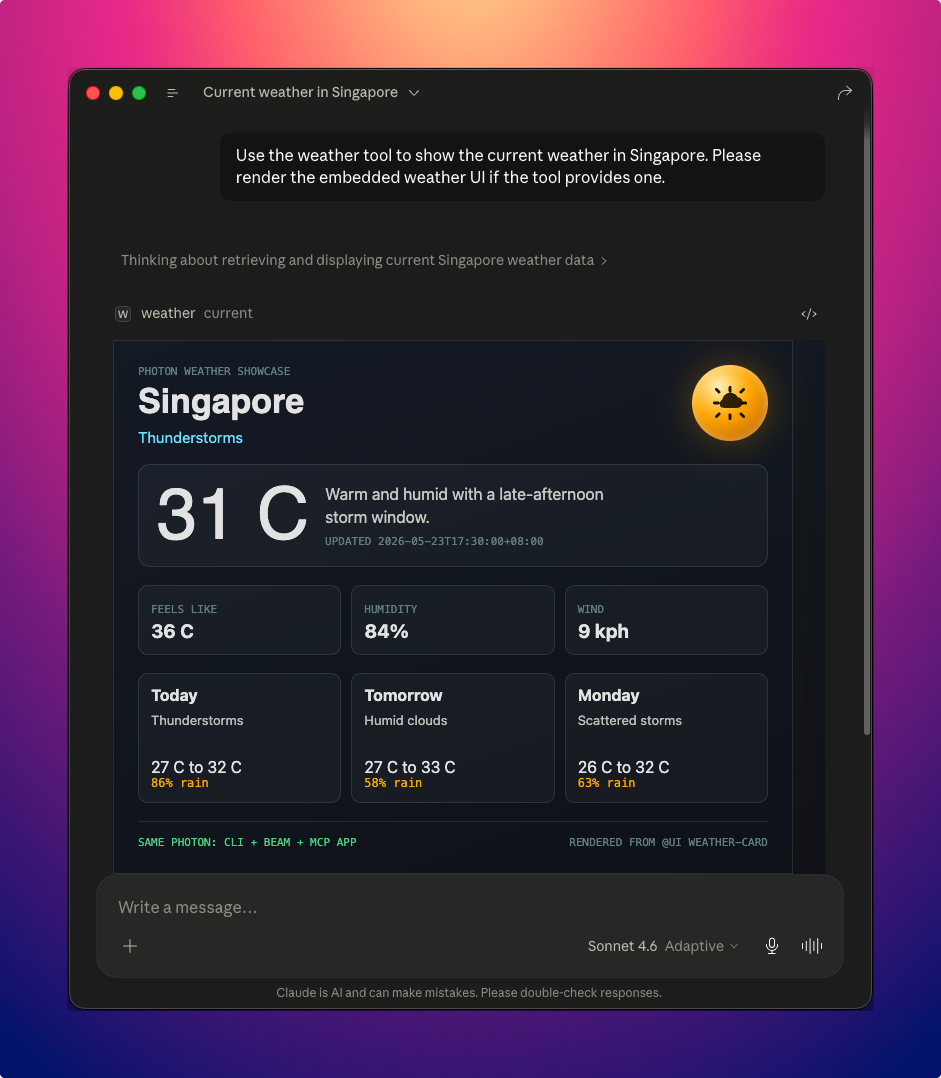 Real Claude Desktop session rendering the Photon weather app through local MCP