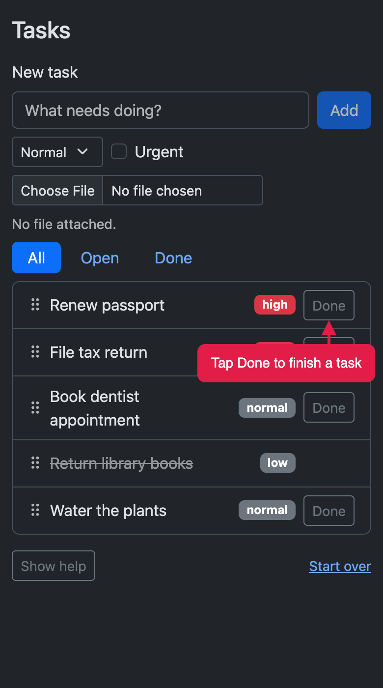 The task tracker on a narrow phone screen in dark mode. A red-bordered callout under the first task's Done button reads Tap Done to finish a task.
