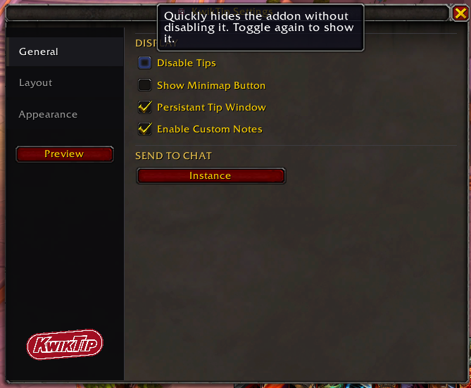 Settings window