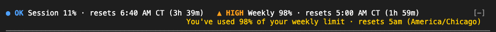 The line above the prompt: a blue "OK Session 11%" with its reset time, then an orange "HIGH Weekly 98%" with its reset time. Below it, Claude Code's own weekly-limit notice, which this mod leaves in place.
