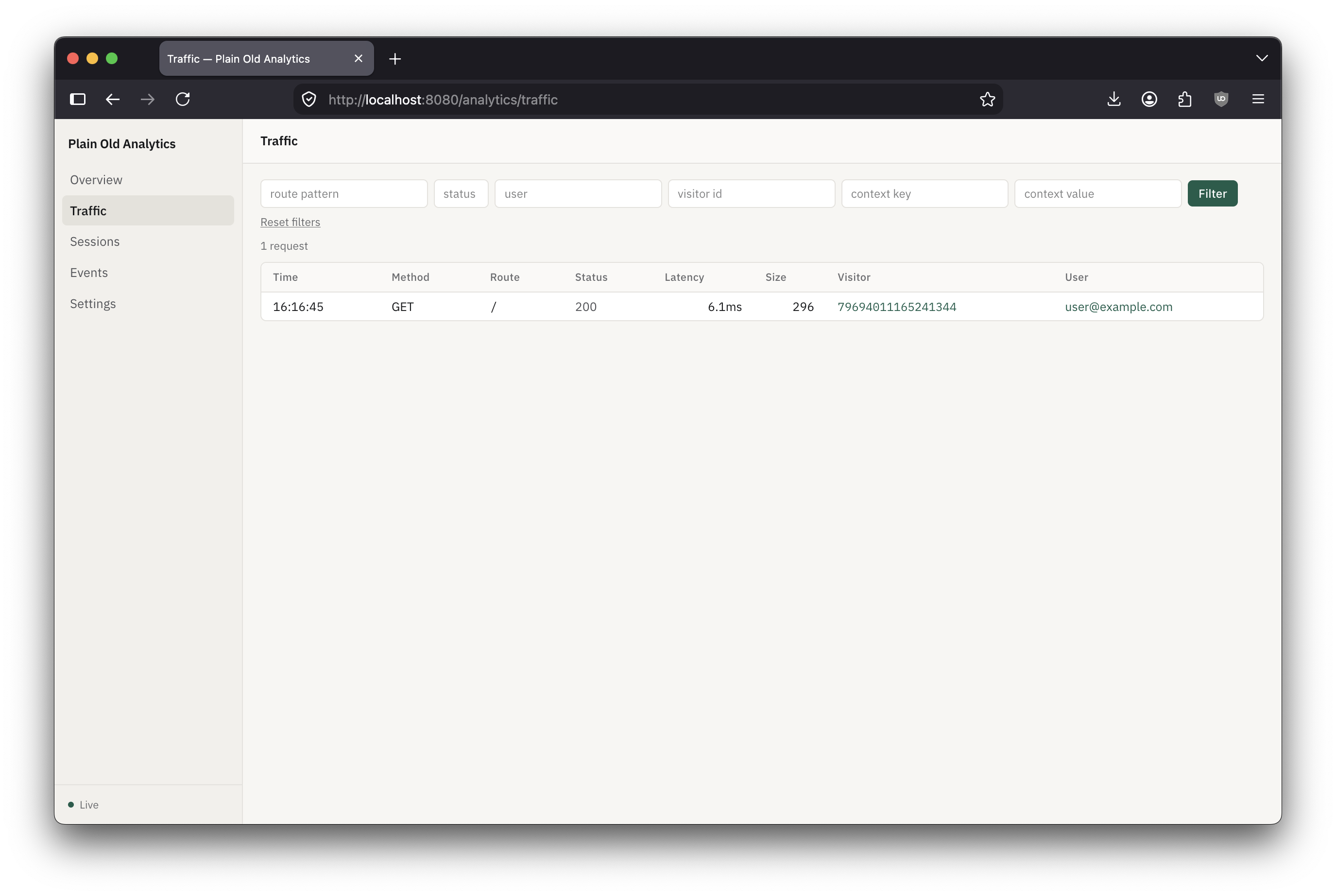 Traffic: filterable table of logged HTTP requests