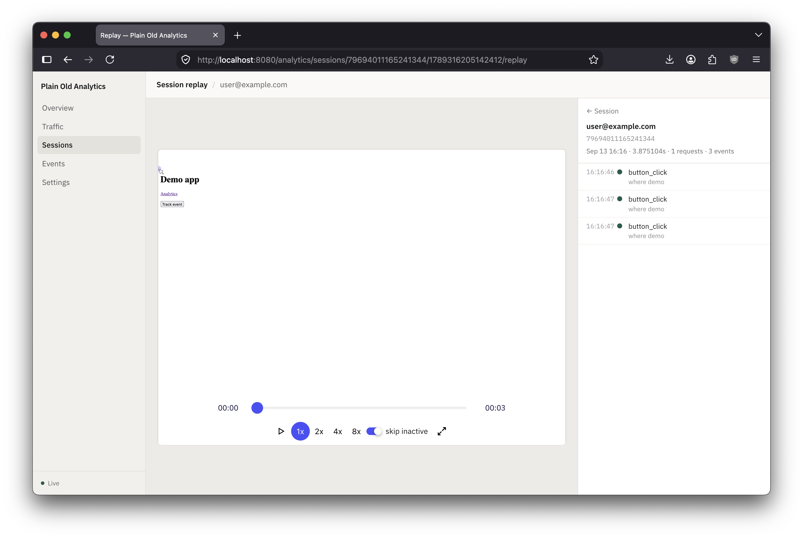 Session replay: recorded browser session with an events timeline