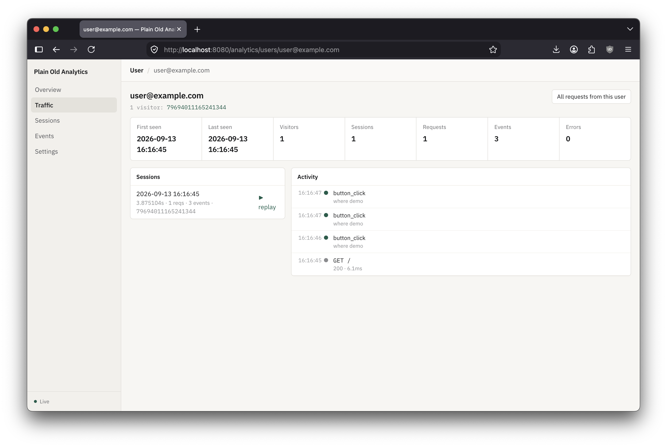 User: sessions and activity feed for one identified user