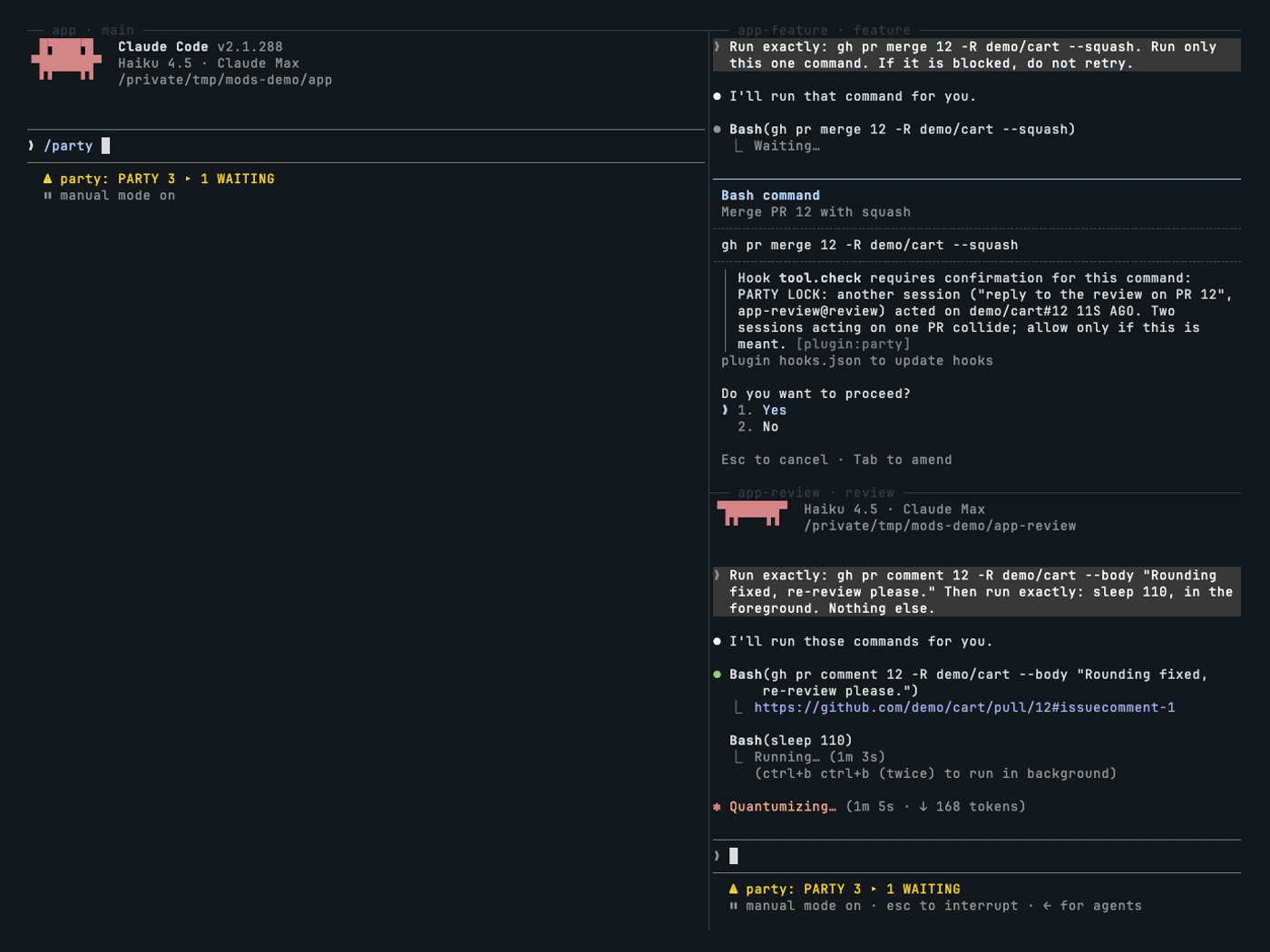 Three sessions in tmux: one waits on a party lock prompt for PR #12, and /party shows its wait bar filling and turning red