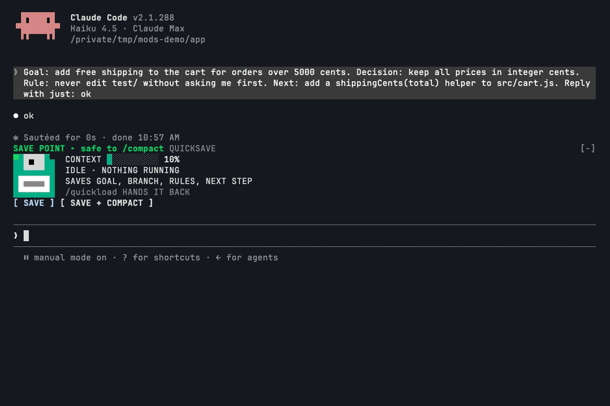 /compact saves the goal, decision, rule and next step first, and the save comes back as the first message after the compaction