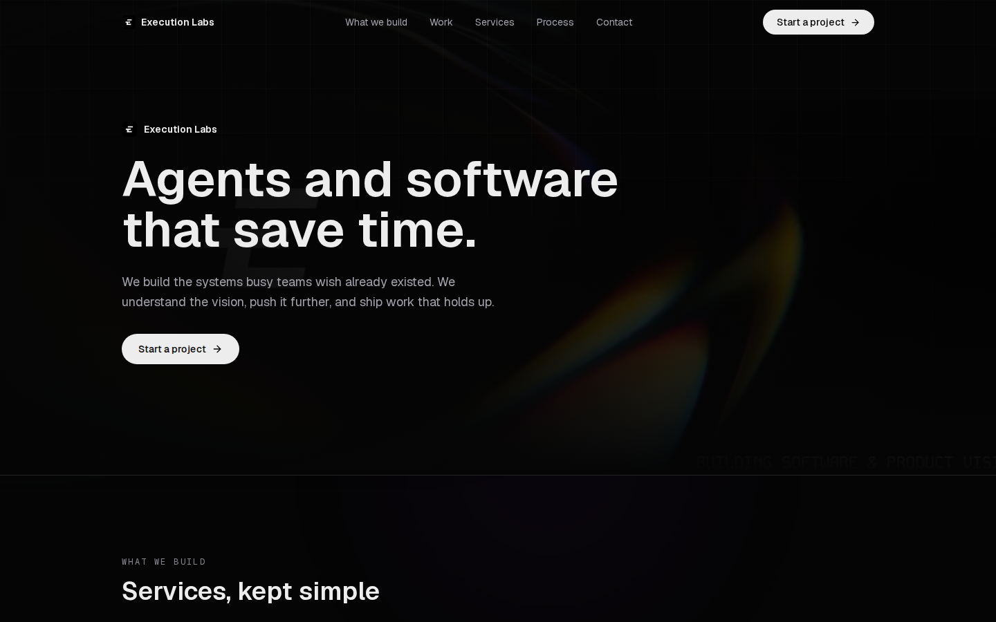 Execution Labs homepage screenshot with work, services, process, and contact navigation.