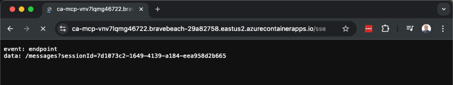Screenshot of /sse endpoint on the MCP server