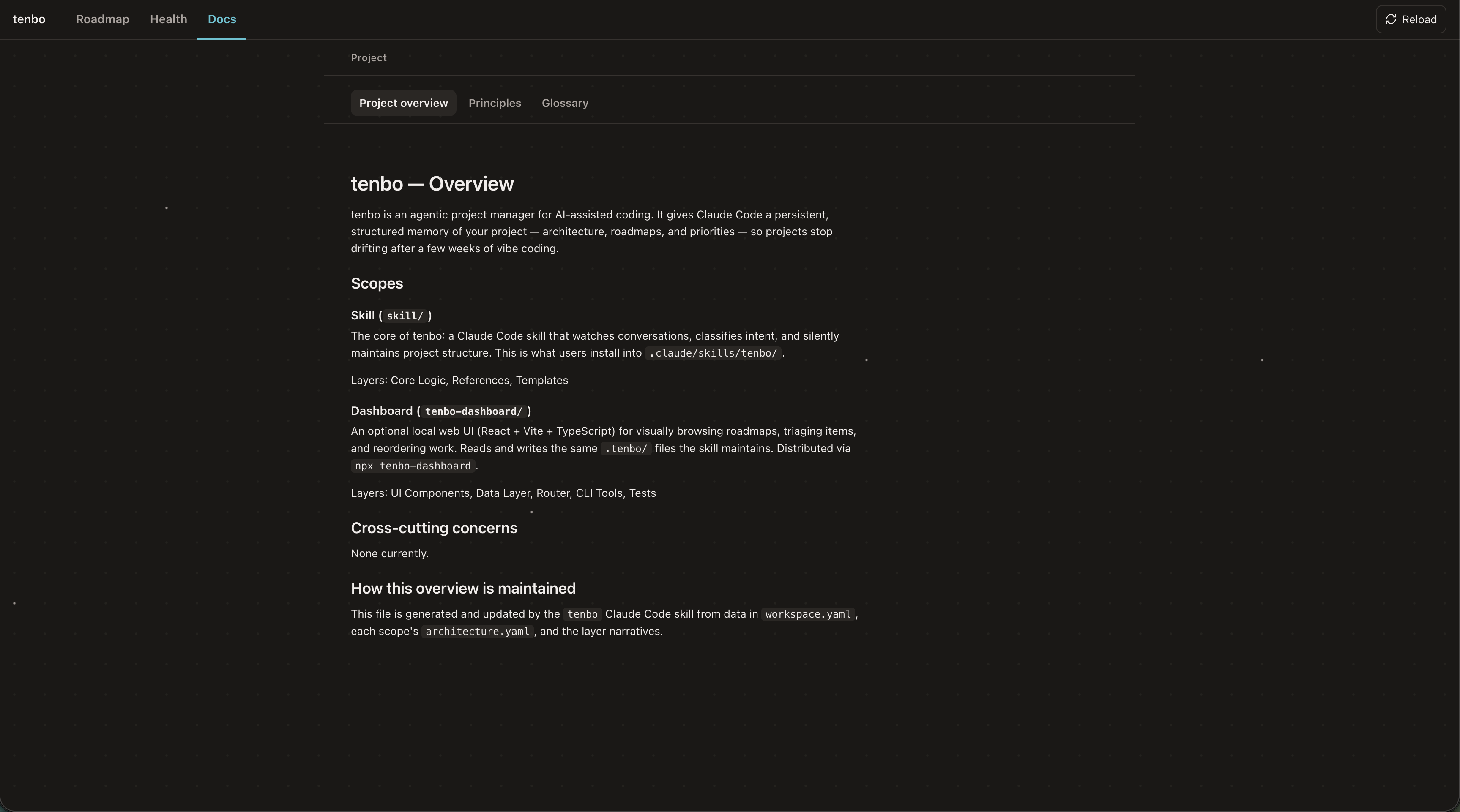 tenbo dashboard — docs view
