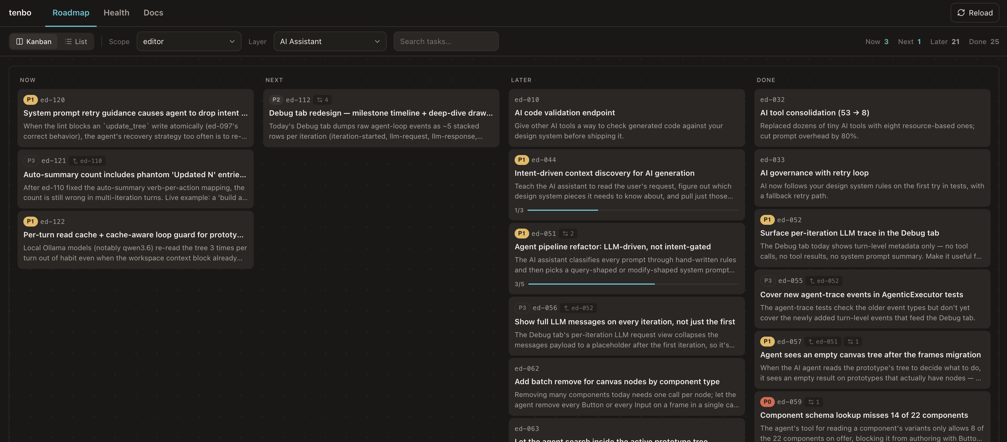 tenbo dashboard — kanban board view