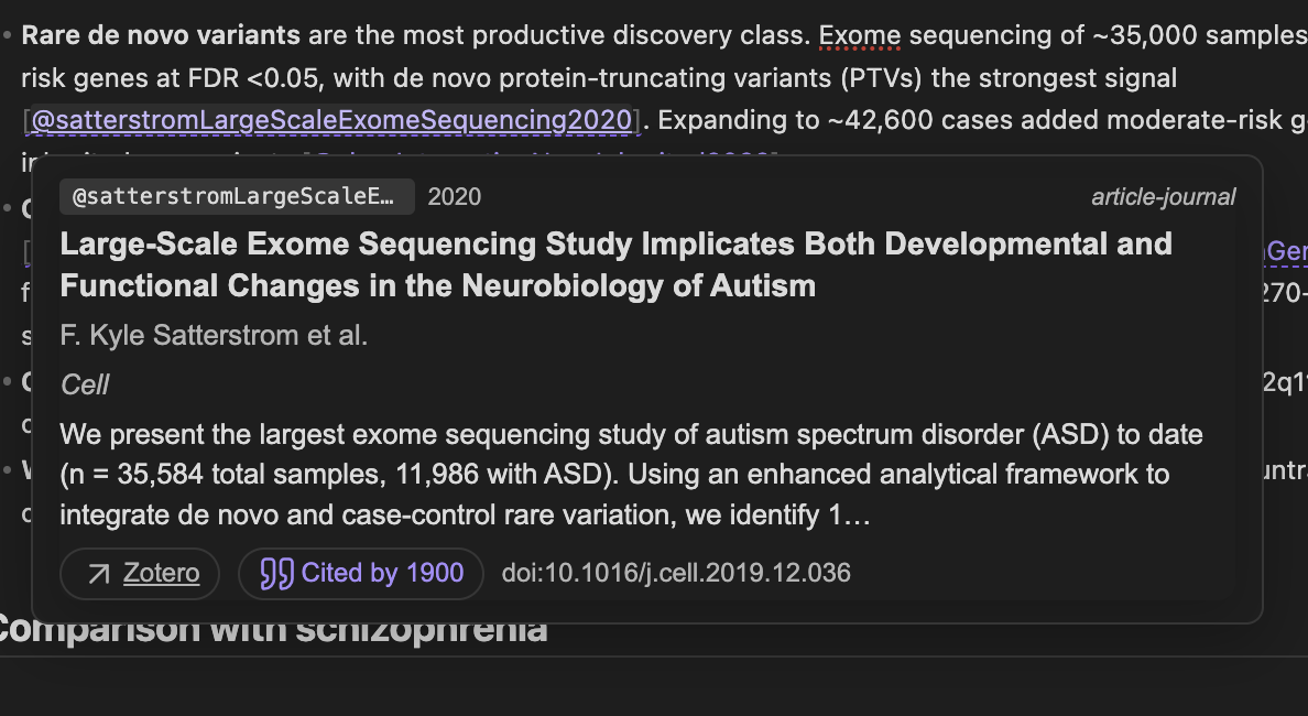 Hover preview card popping up over an inline citation in the editor