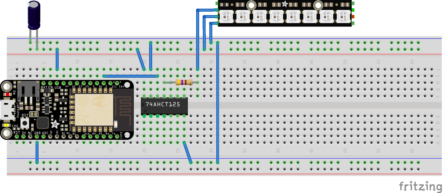 Breadboard with ESP8266 Feather and level shifter