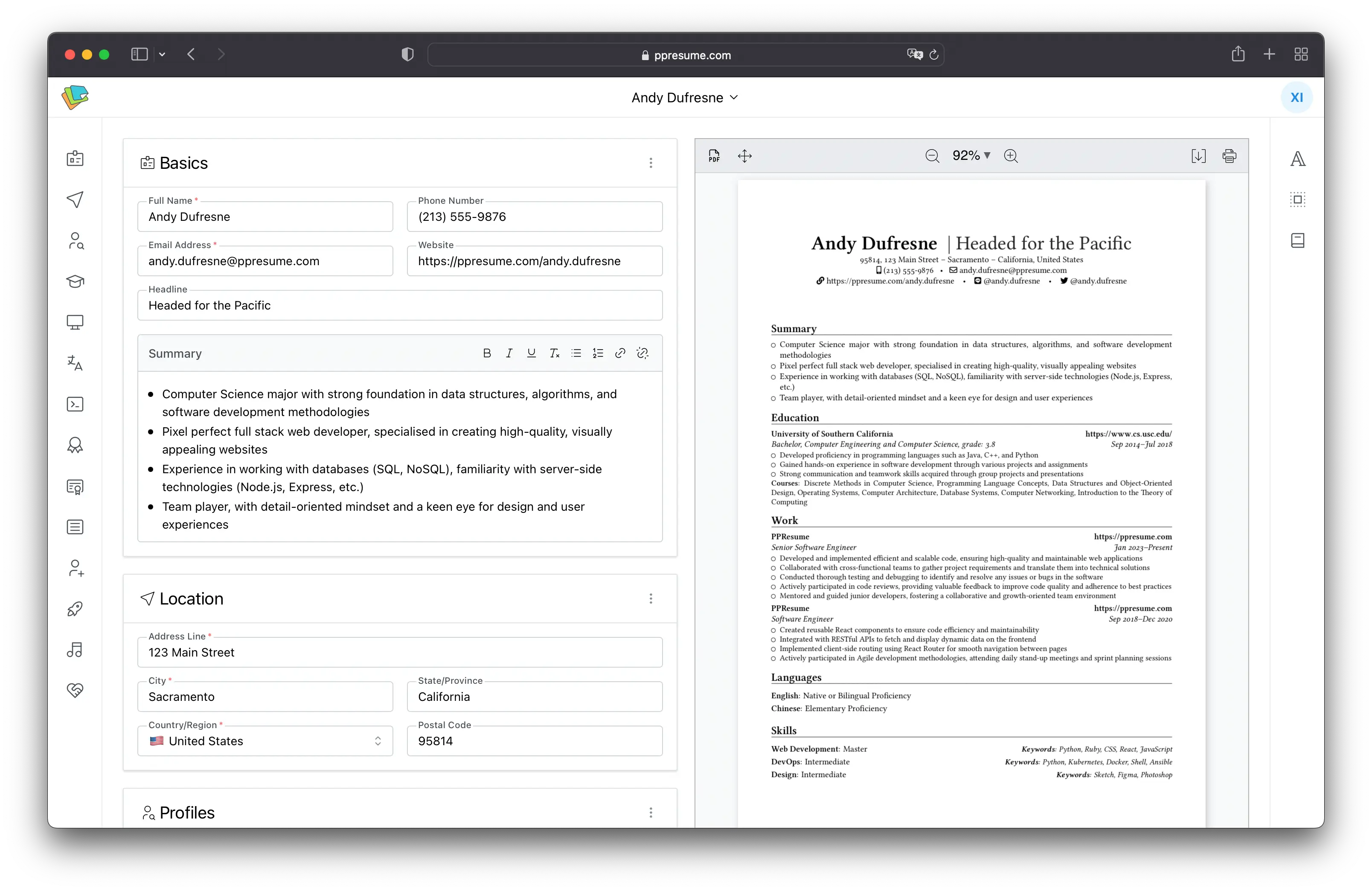 PPResume Resume Form and Preview